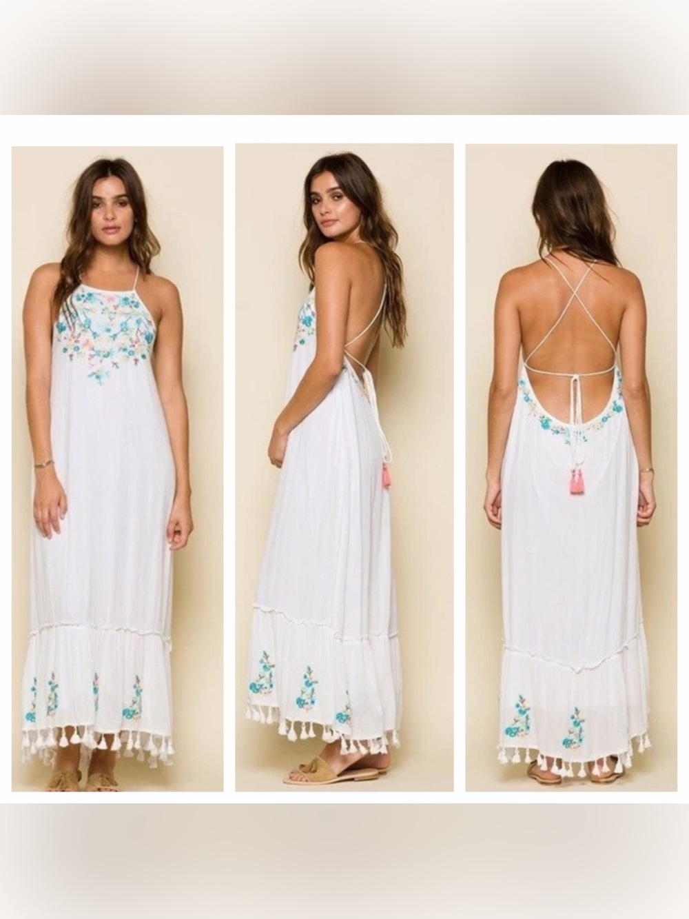 RAGA Anthropologie Embroidered Floral Strappy White Low Back Tassel Maxi size S